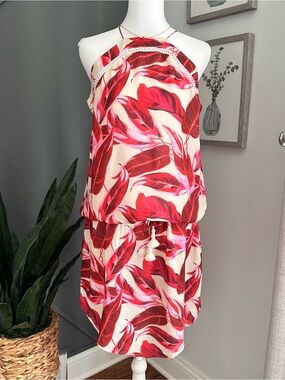 Clube Bossa Bohemian Red & Pink Tropical Leaf Print Summer Dress